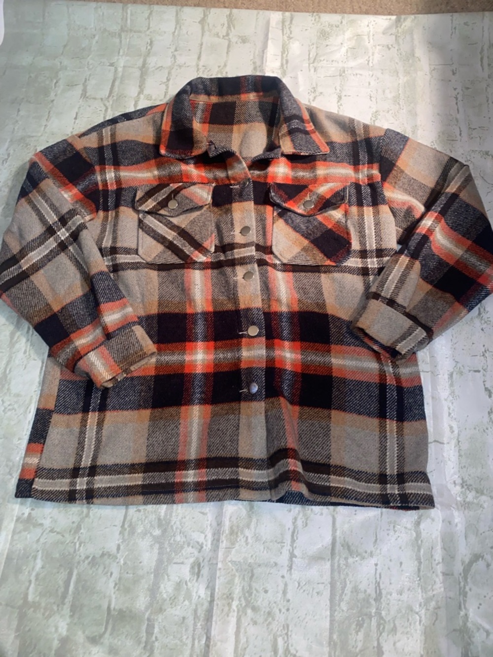Plaid Button-Up Shacket in Beige, Navy & Orange